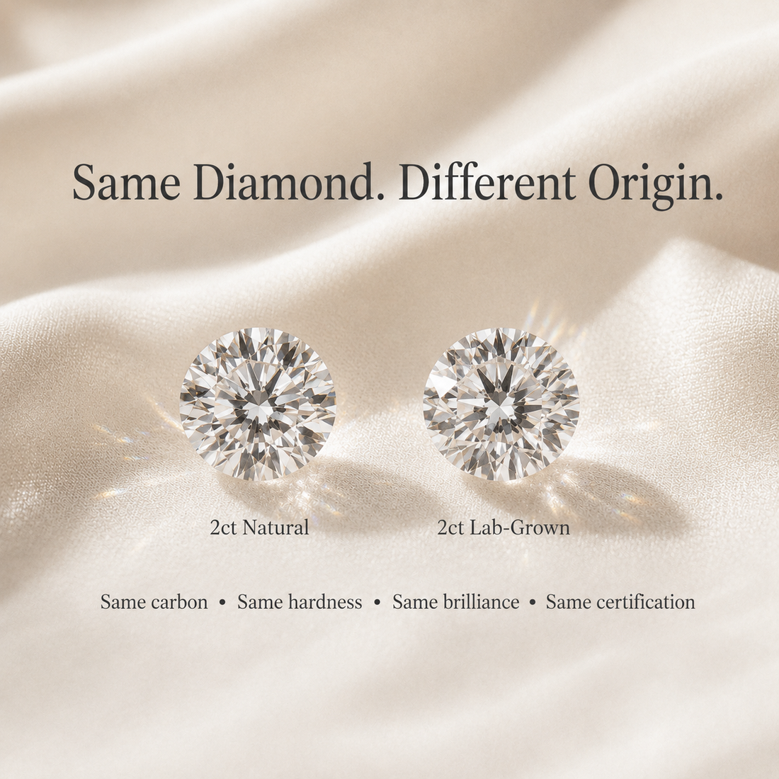 2 carat natural diamond and 2 carat lab-grown diamond side by side comparison showing same brilliance and certification