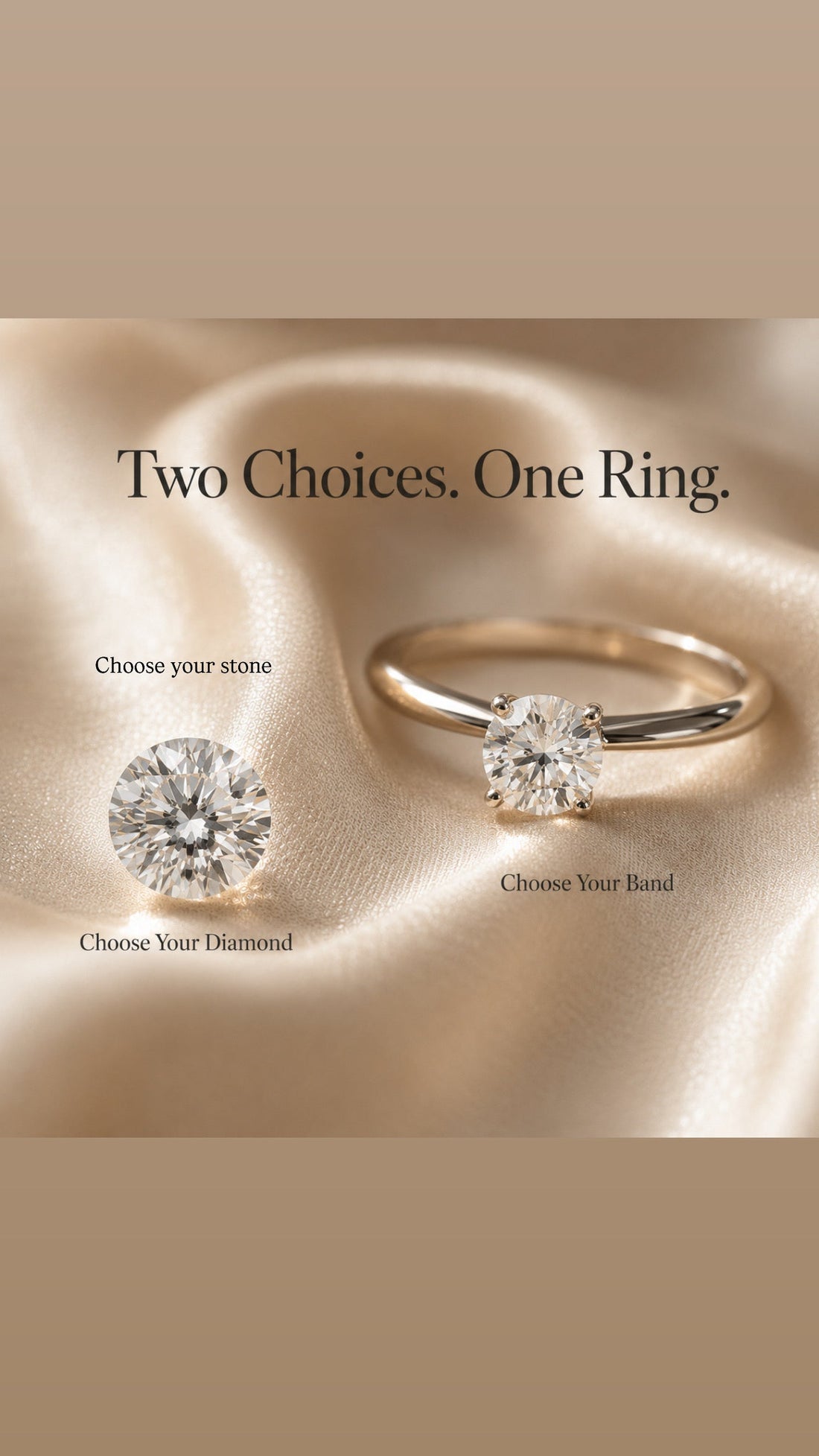 Loose round diamond and gold engagement ring on satin, illustrating choose your diamond and choose your band