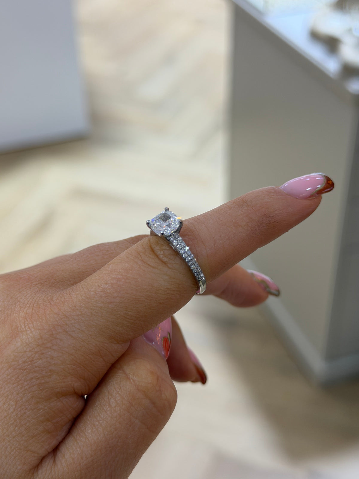 The Camille cushion cut lab grown diamond solitaire with pave shoulders, 9k white gold, alternate view