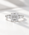 The Vivienne, 3.92ct total Asscher cut lab grown diamond engagement ring with tapered baguettes in platinum