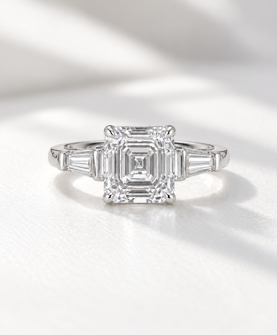 The Vivienne, 3.92ct total Asscher cut lab grown diamond engagement ring with tapered baguettes in platinum