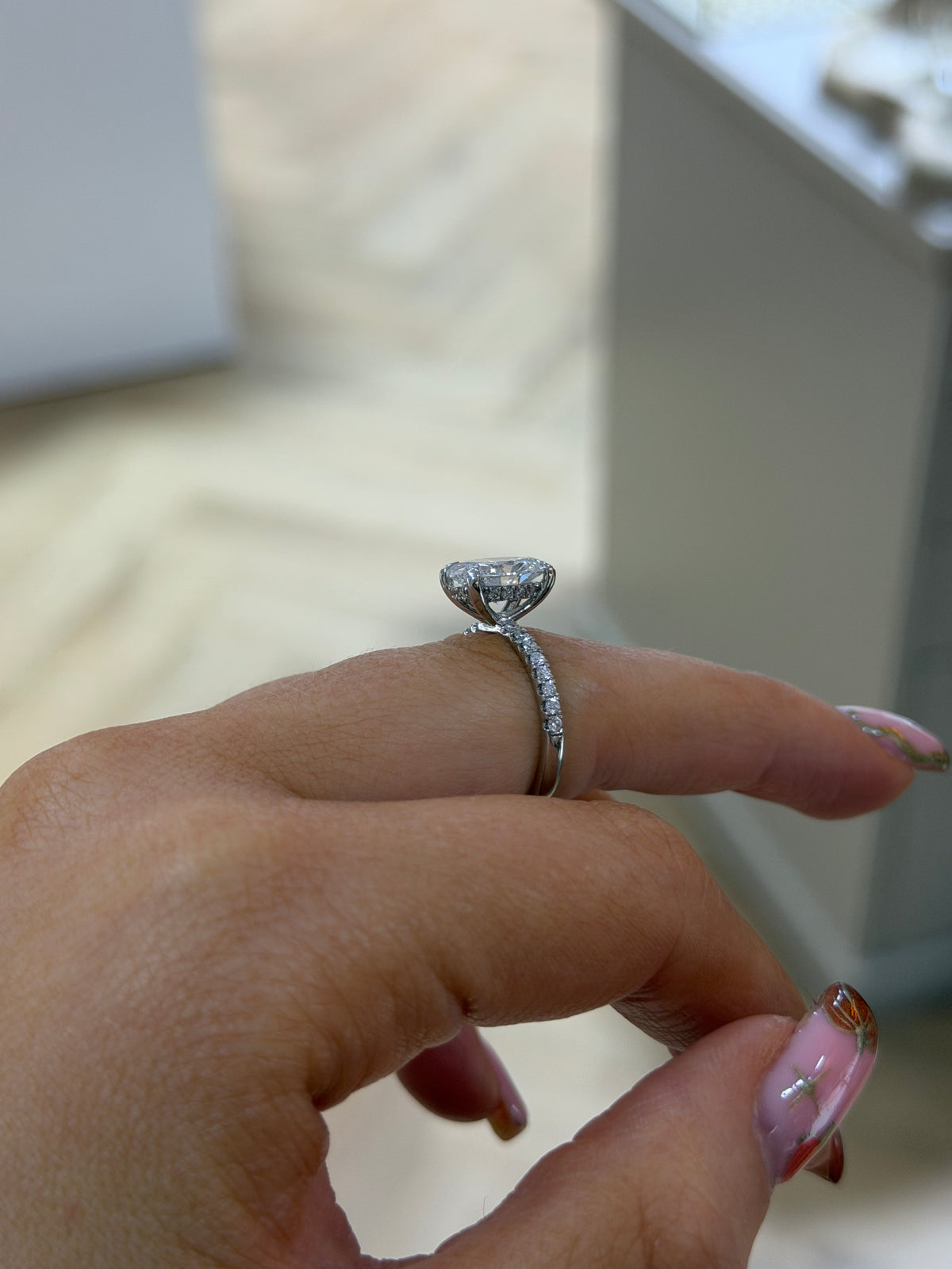 The Seren oval cut lab grown diamond solitaire with pave band, platinum, alternate view