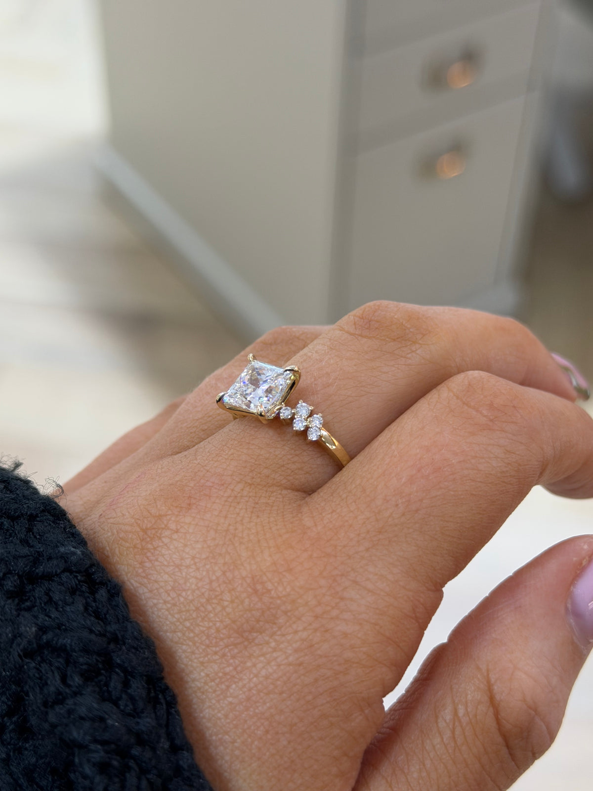 The Elara 2.5ct princess lab diamond ring in 9k yellow gold, alternate view on the hand