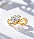 The Orbit, 2ct pear cut lab grown diamond east-west engagement ring with scattered stones in 9k yellow gold