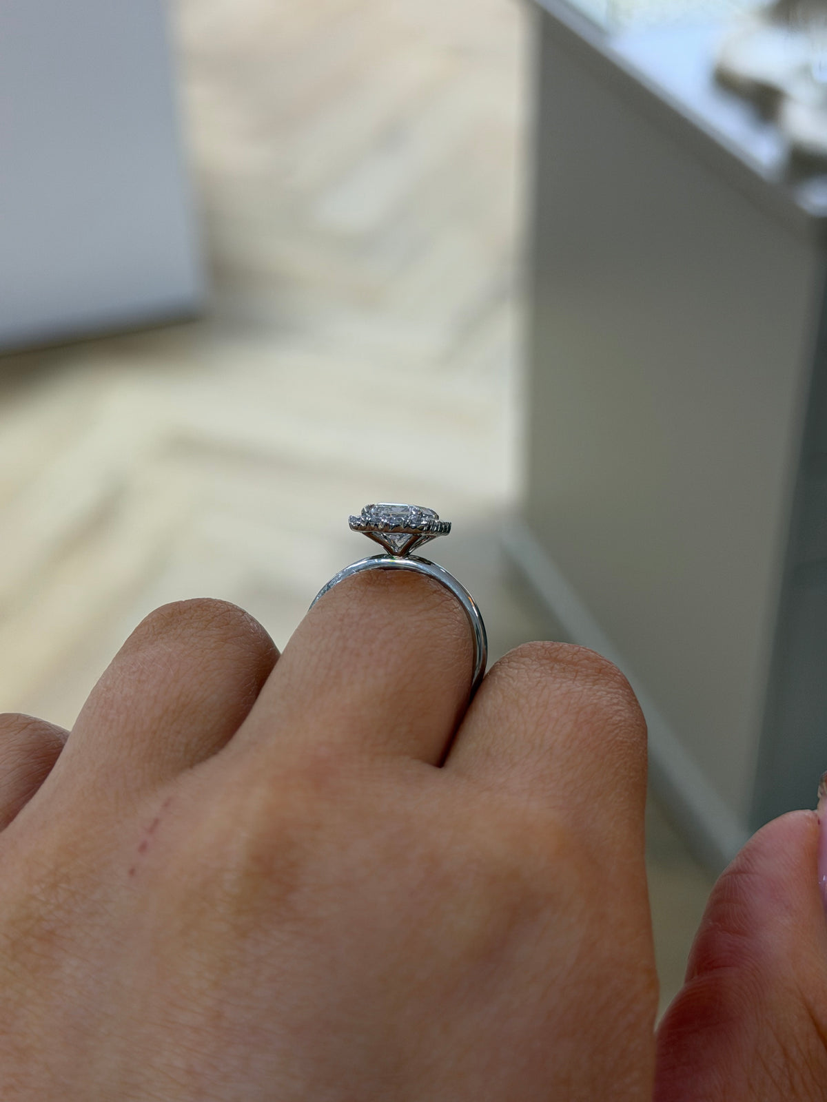The Opulence emerald cut lab grown diamond halo ring, platinum, alternate view