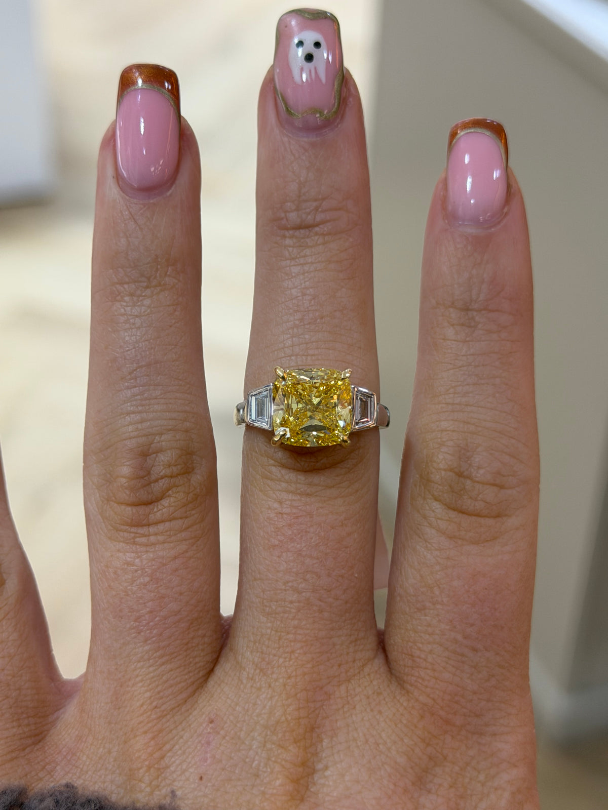 The Soleil | 5.43ct Total Fancy Intense Yellow Lab Grown Diamond Three Stone Ring | 18k White Gold