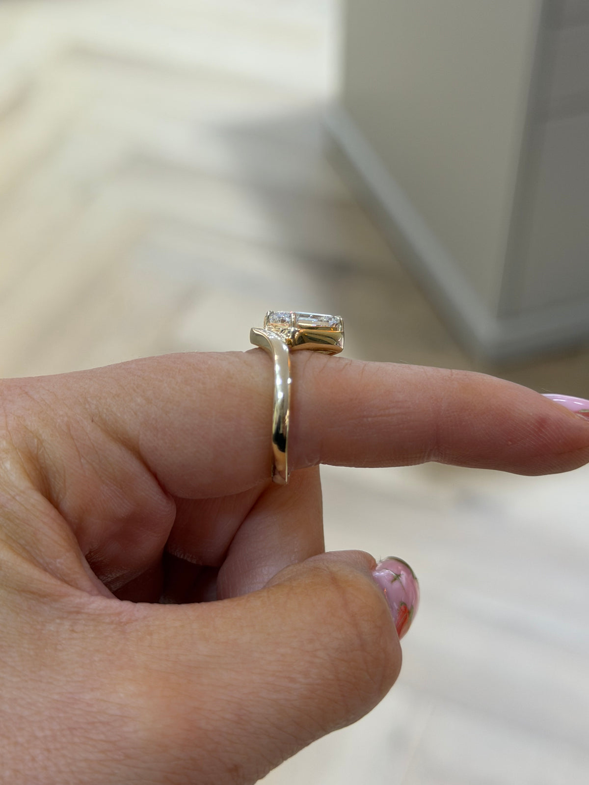 The Élan emerald cut lab grown diamond ring with V band, 9k yellow gold, alternate view