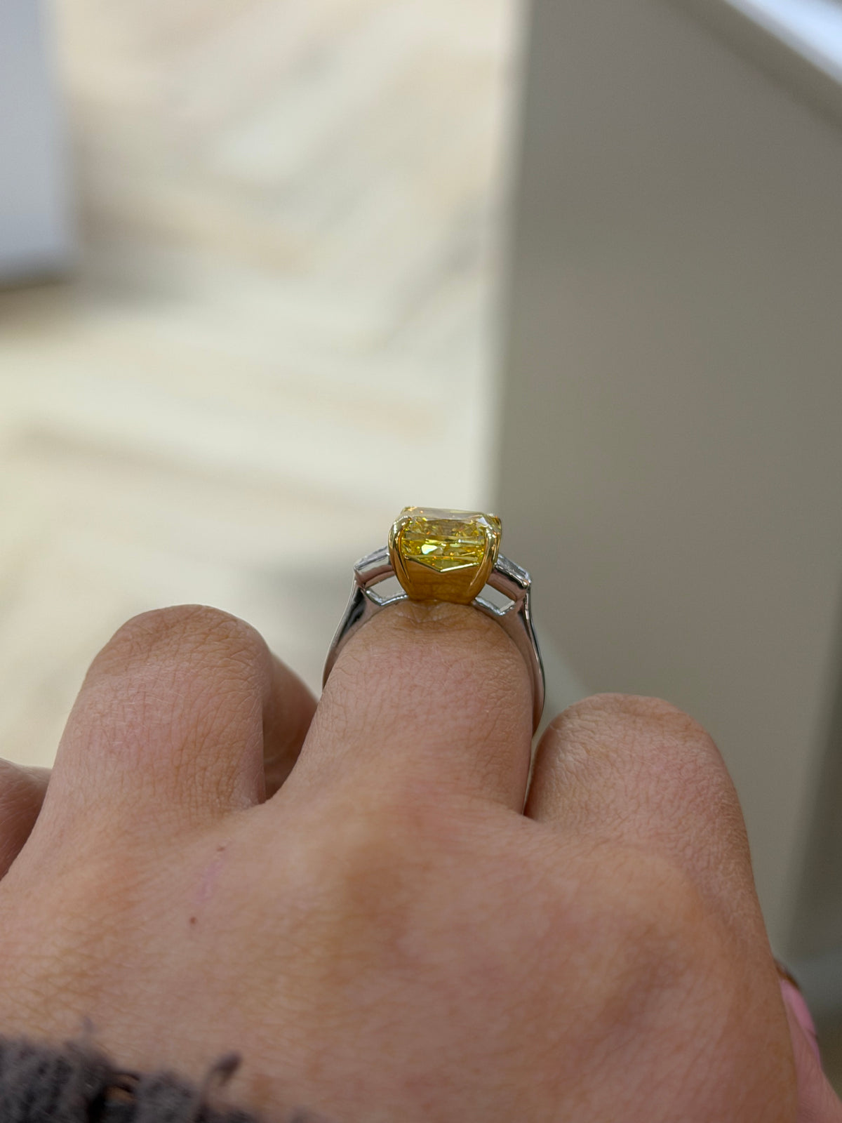 The Soleil | 5.43ct Total Fancy Intense Yellow Lab Grown Diamond Three Stone Ring | 18k White Gold