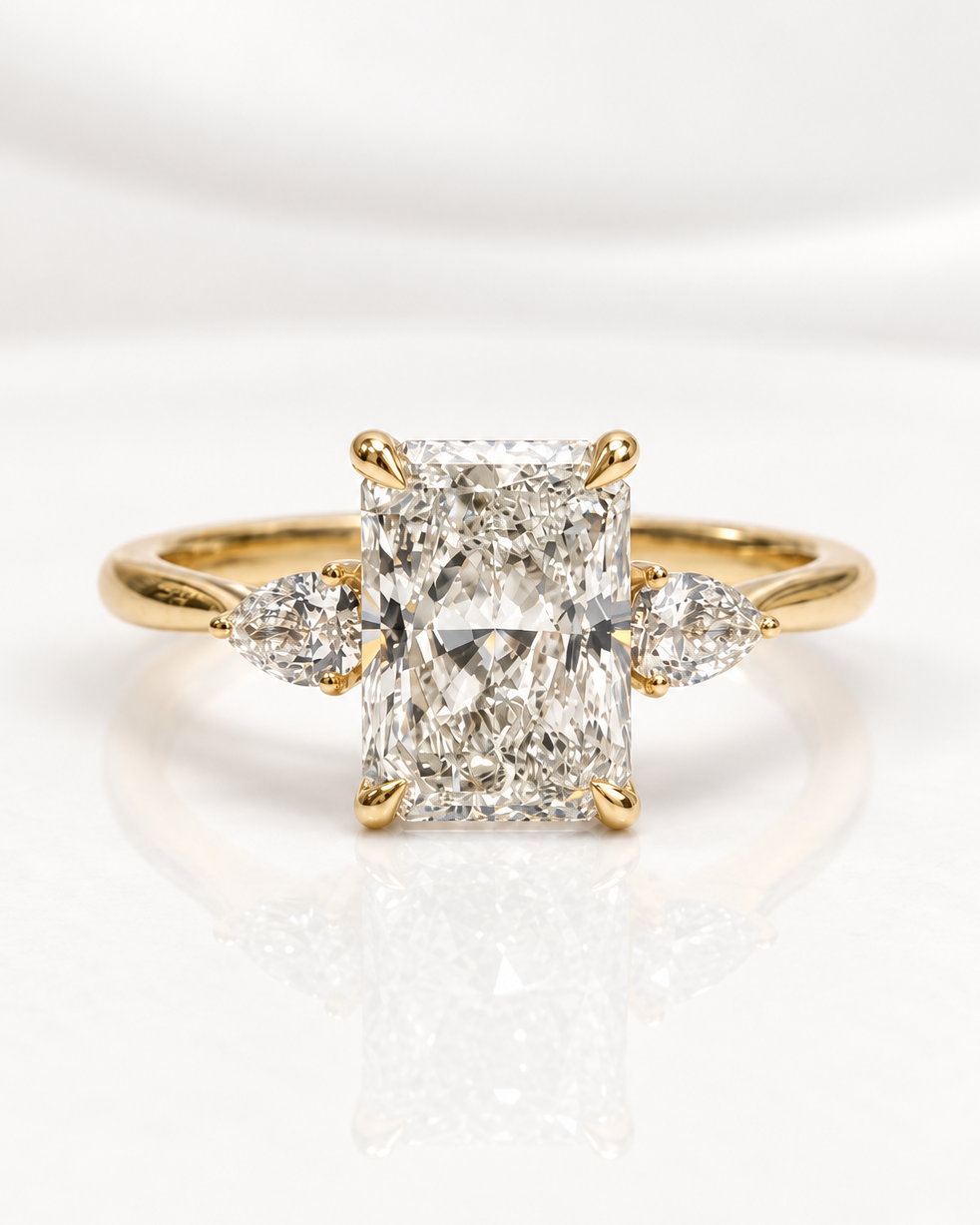 The Clara | 2.58ct Radiant Cut Lab Grown Diamond Trilogy Ring | 9k Yellow Gold
