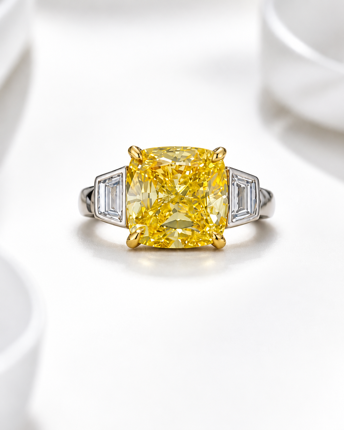 The Soleil | 5.43ct Total Fancy Intense Yellow Lab Grown Diamond Three Stone Ring | 18k White Gold