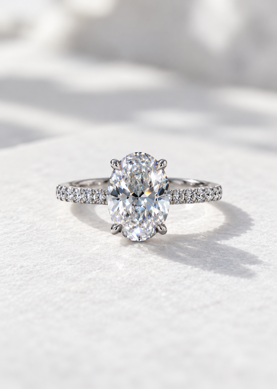 The Seren, 2.30ct oval lab grown diamond engagement ring with pave band in platinum