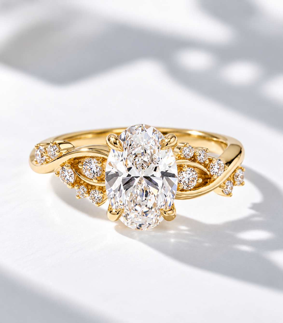 The Entwine, 2.5ct oval lab grown diamond engagement ring with twisted vine band in 9k yellow gold