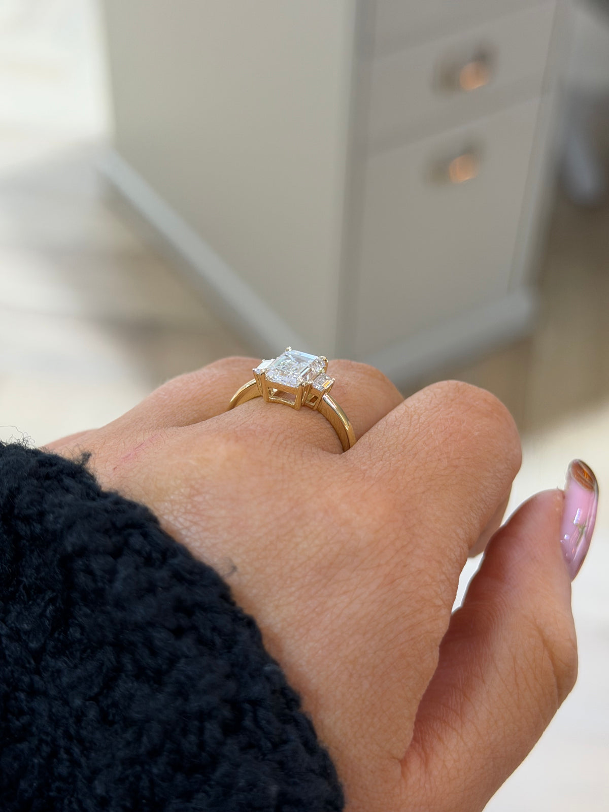 The Margot emerald cut three stone lab grown diamond ring, 9k yellow gold, alternate view