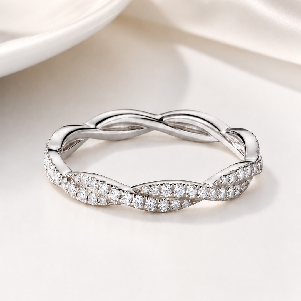 Woven Twist Pavé Band – White Gold