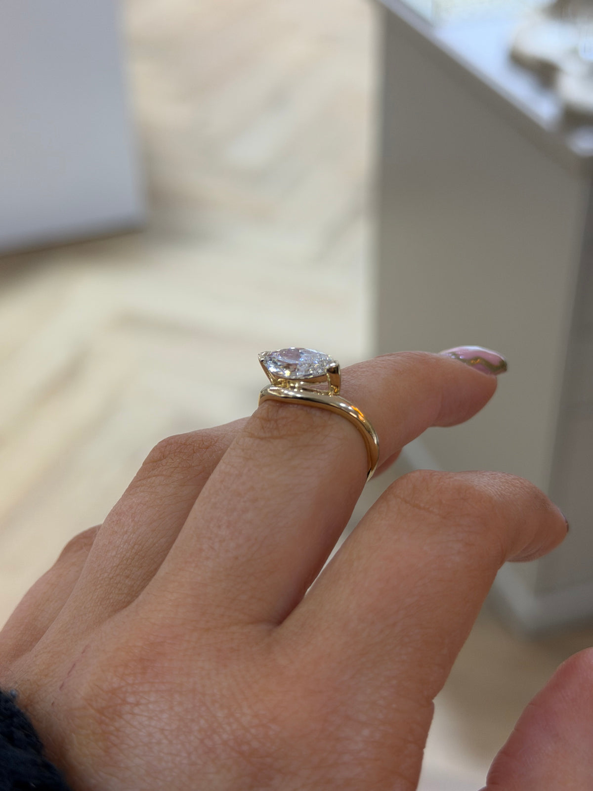 The Solstice marquise cut lab grown diamond solitaire, 9k yellow gold, side view