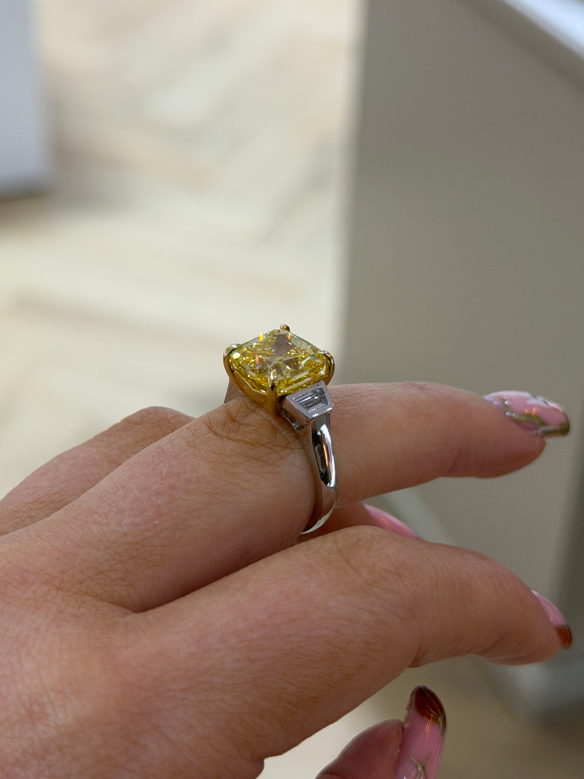 The Soleil | 5.43ct Total Fancy Intense Yellow Lab Grown Diamond Three Stone Ring | 18k White Gold