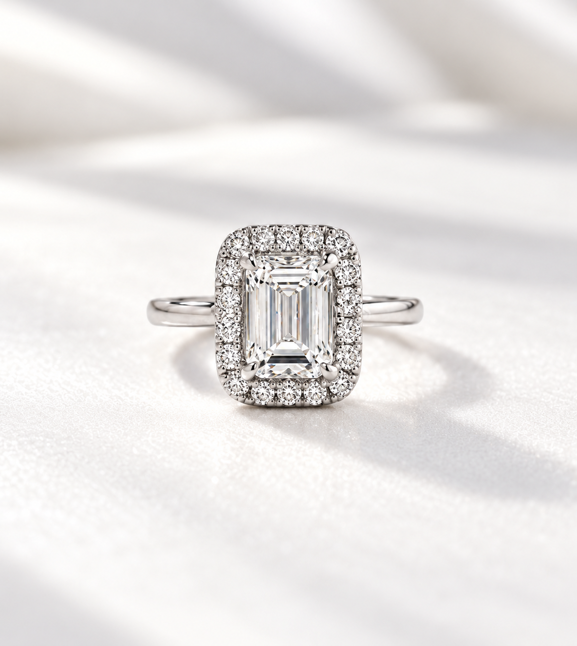 The Opulence, 2ct emerald cut lab grown diamond halo engagement ring in platinum