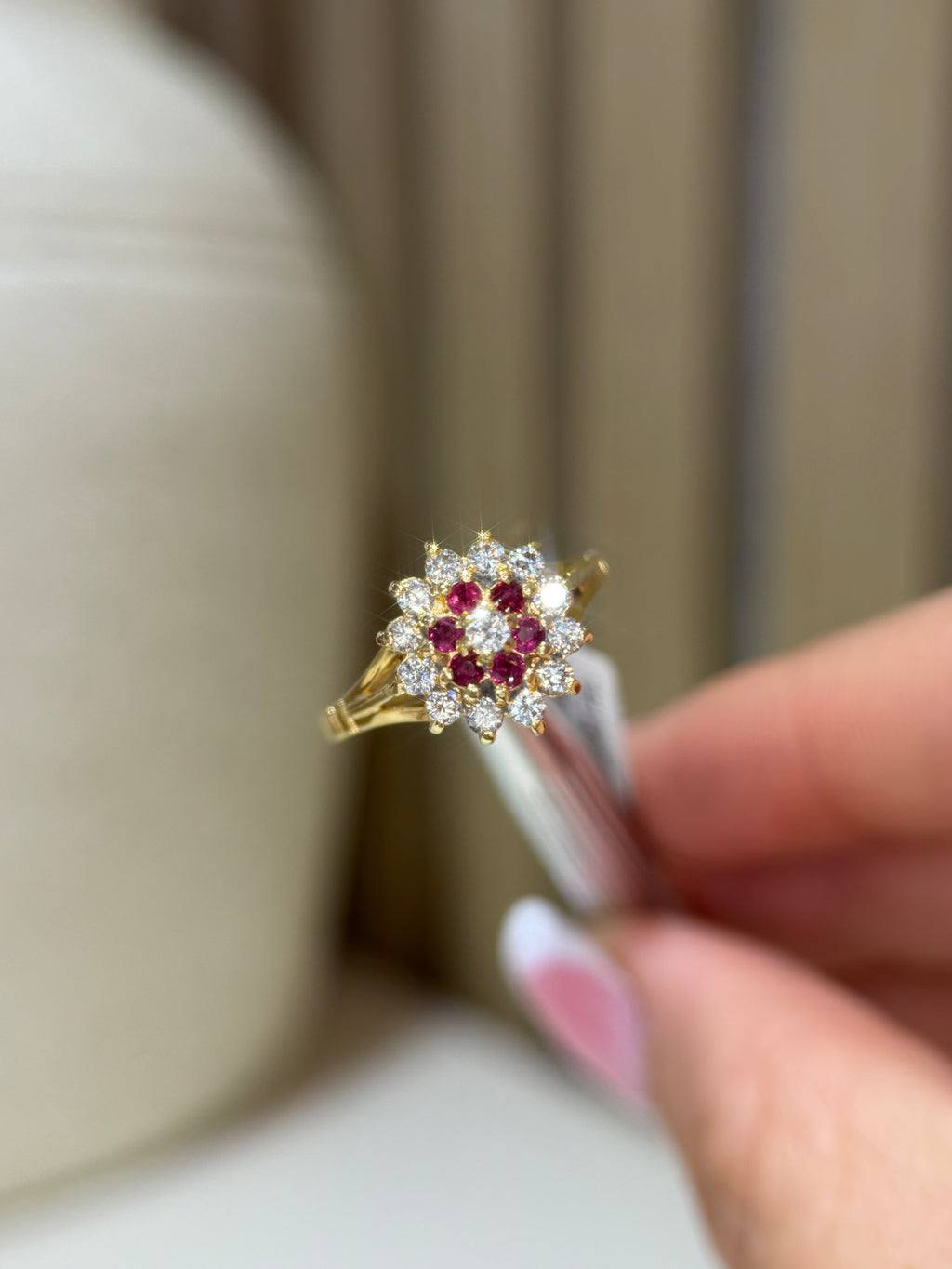 Pre-loved 18k gold ruby and diamond cluster, flowerhead design 