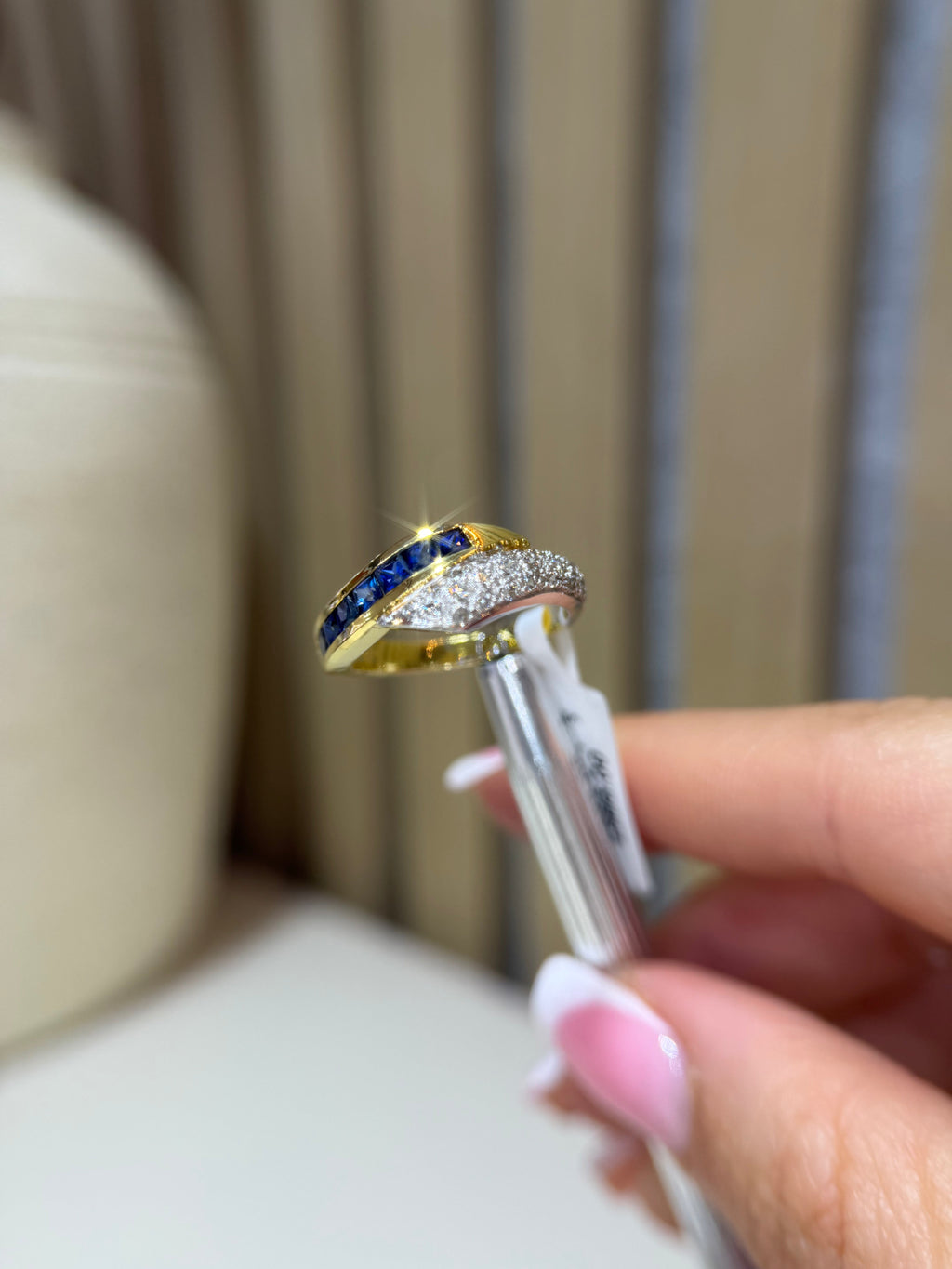 Sapphire diamond wave ring close-up