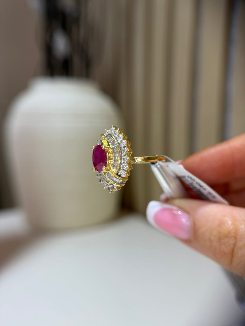 Ruby and diamond cocktail ring side view