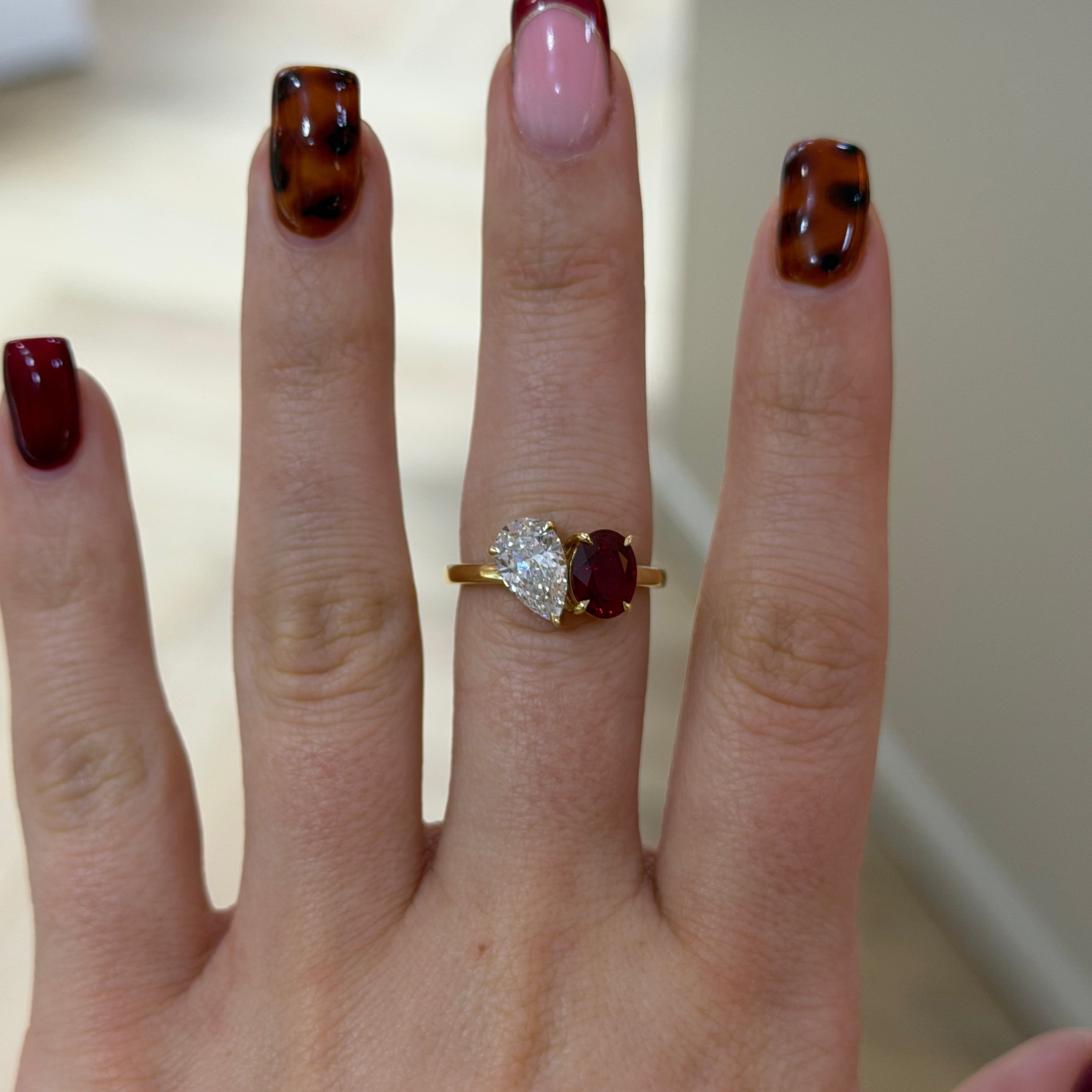 The Scarlet Ring pear diamond and ruby toi et moi engagement ring, 9k yellow gold, alternate view