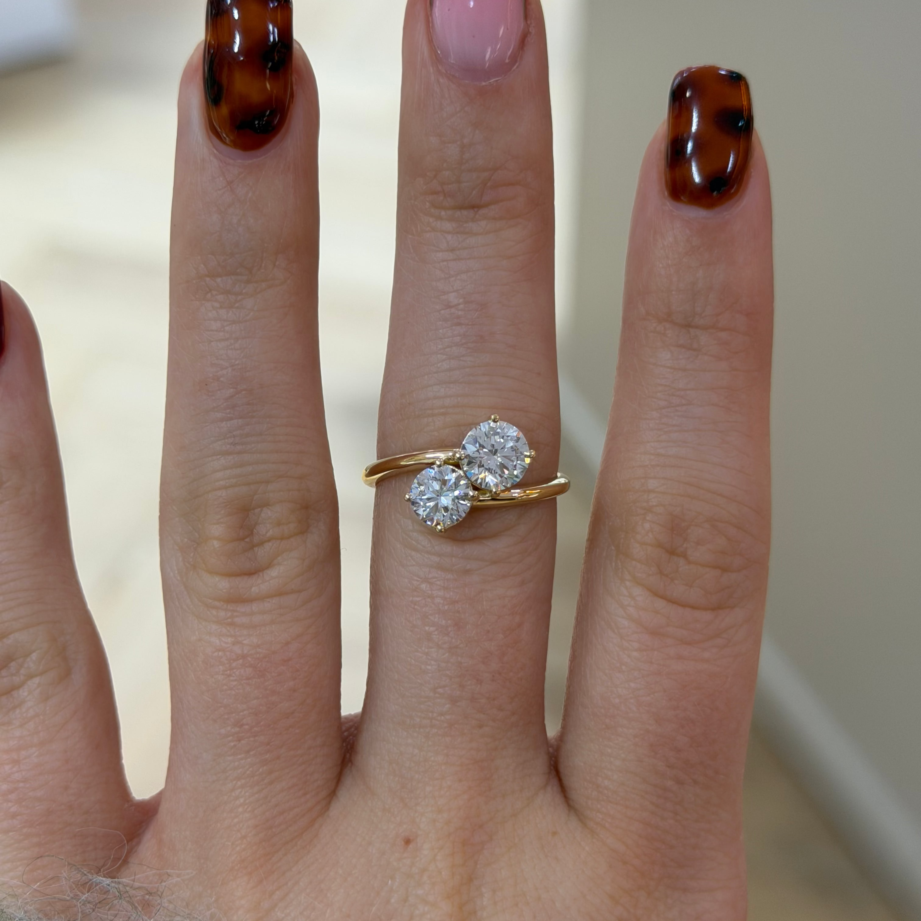 The Sweetheart Ring two stone round lab diamond toi et moi engagement ring, 9k yellow gold, alternate view