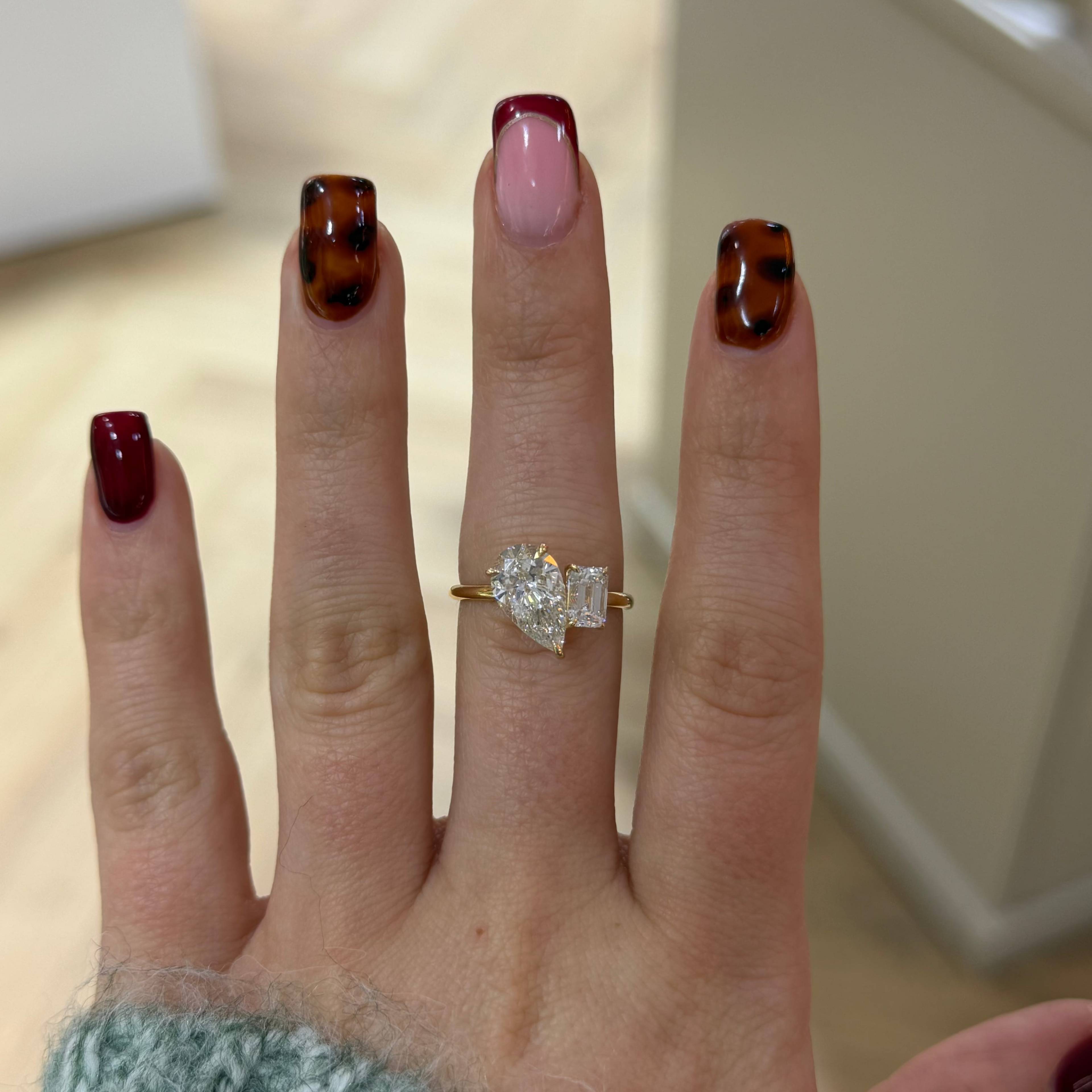 The Cleo Ring pear and emerald cut lab diamond toi et moi engagement ring, 9k yellow gold, alternate view