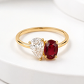 The Scarlet Ring, pear lab grown diamond and red lab ruby toi et moi ring in 9k yellow gold