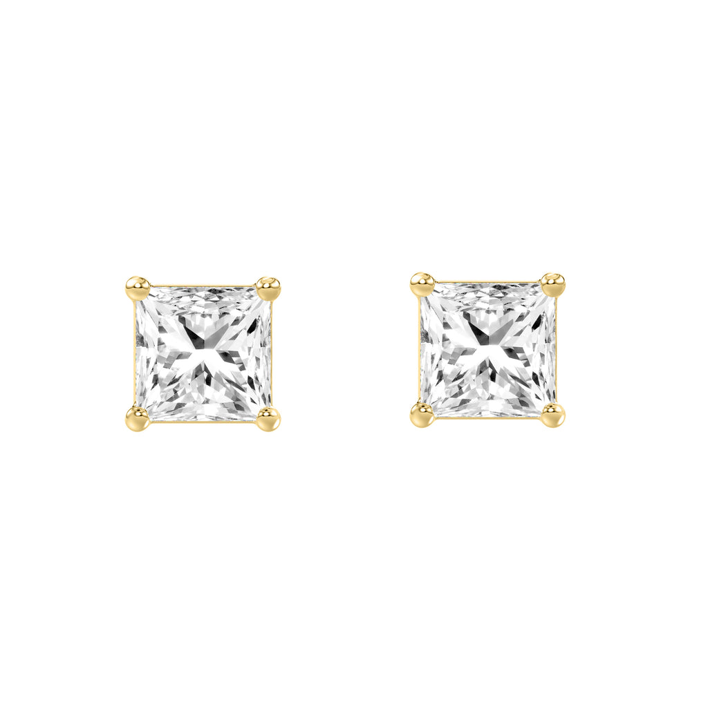 3 Carat Princess Lab Grown Diamond Stud Earrings Yellow Gold angle view