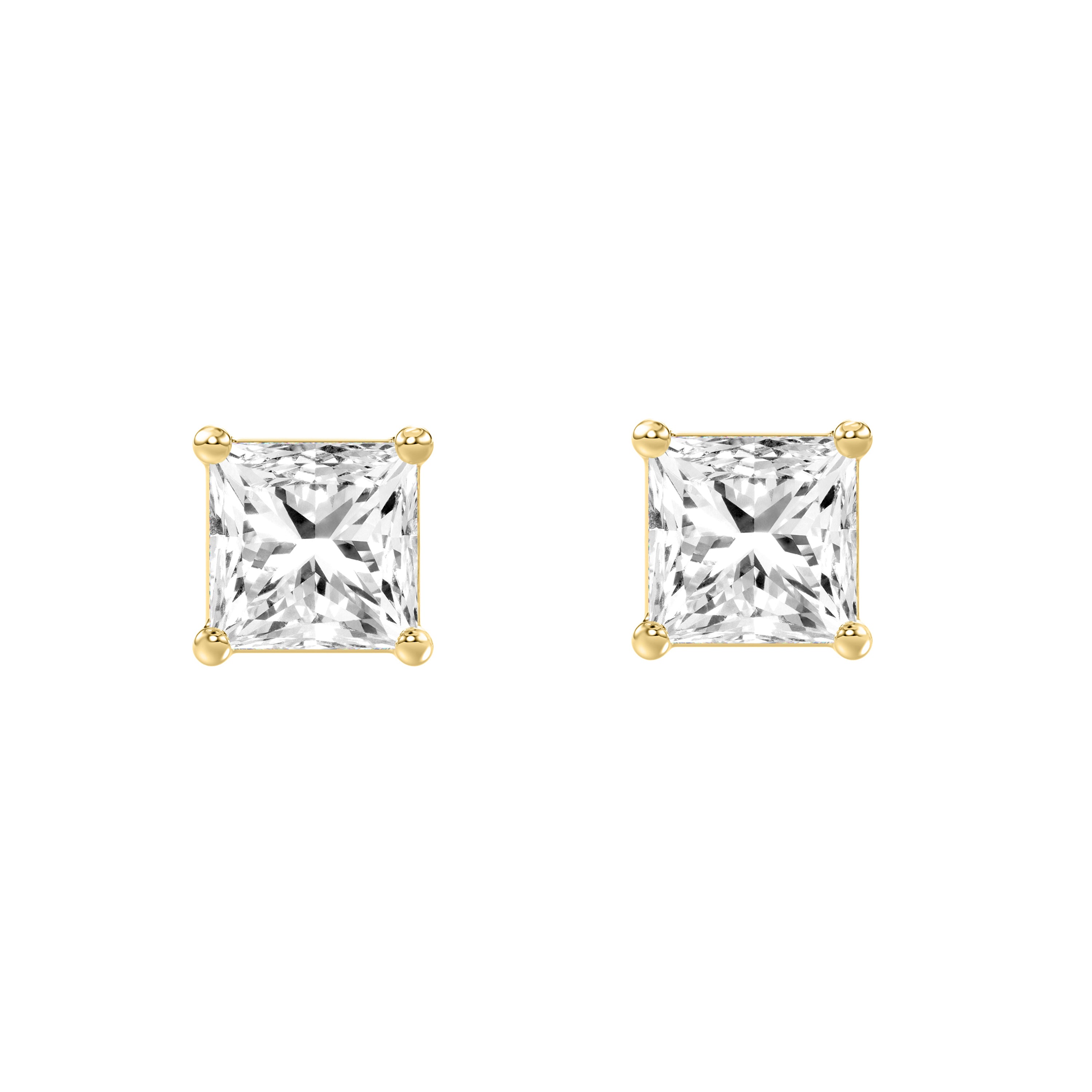 3 Carat Princess Lab Grown Diamond Stud Earrings Yellow Gold angle view