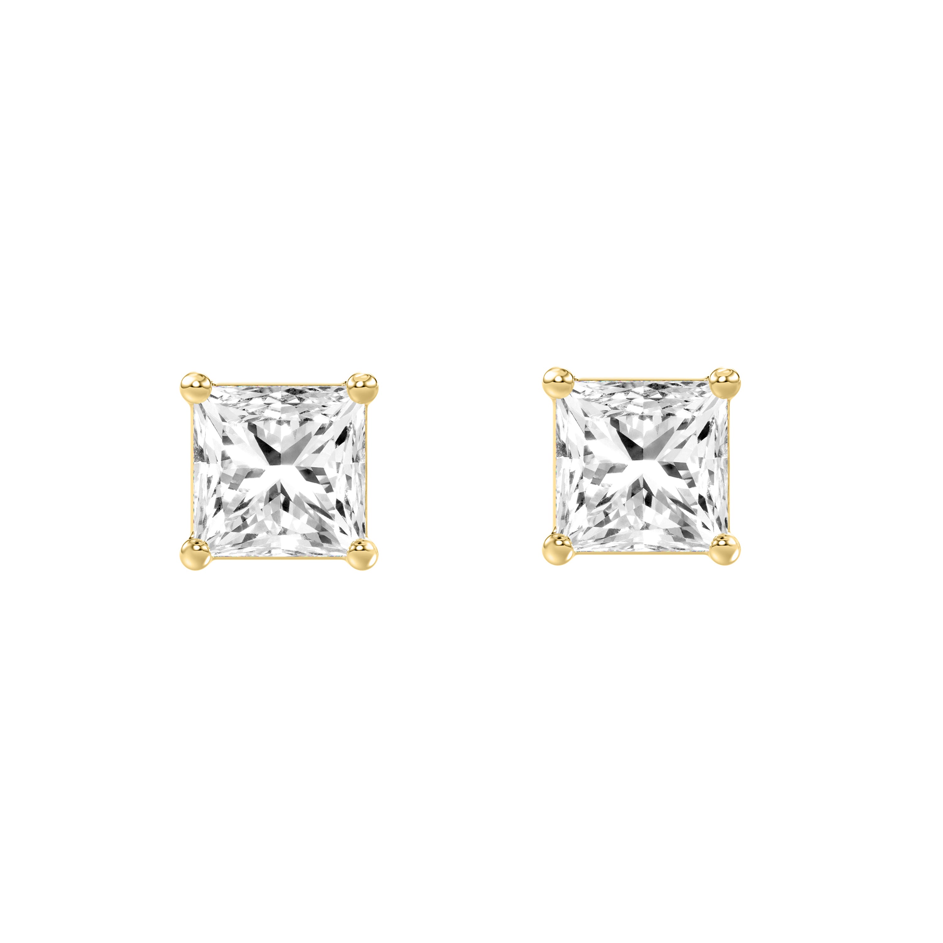 2 Carat Princess Lab Grown Diamond Stud Earrings Yellow Gold angle view