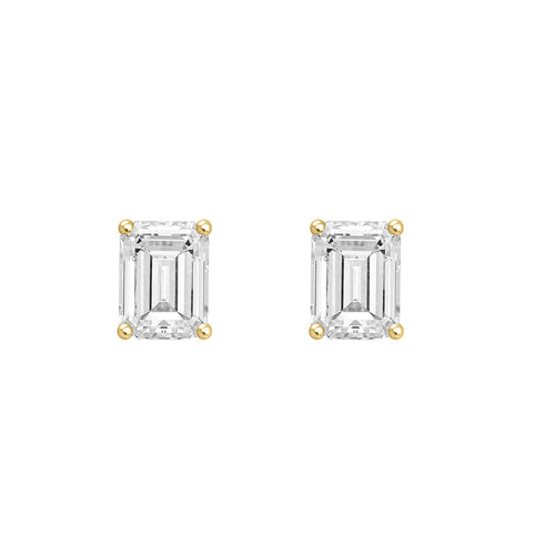 1.5 Carat Emerald Cut Lab Grown Diamond Stud Earrings Yellow Gold angle view