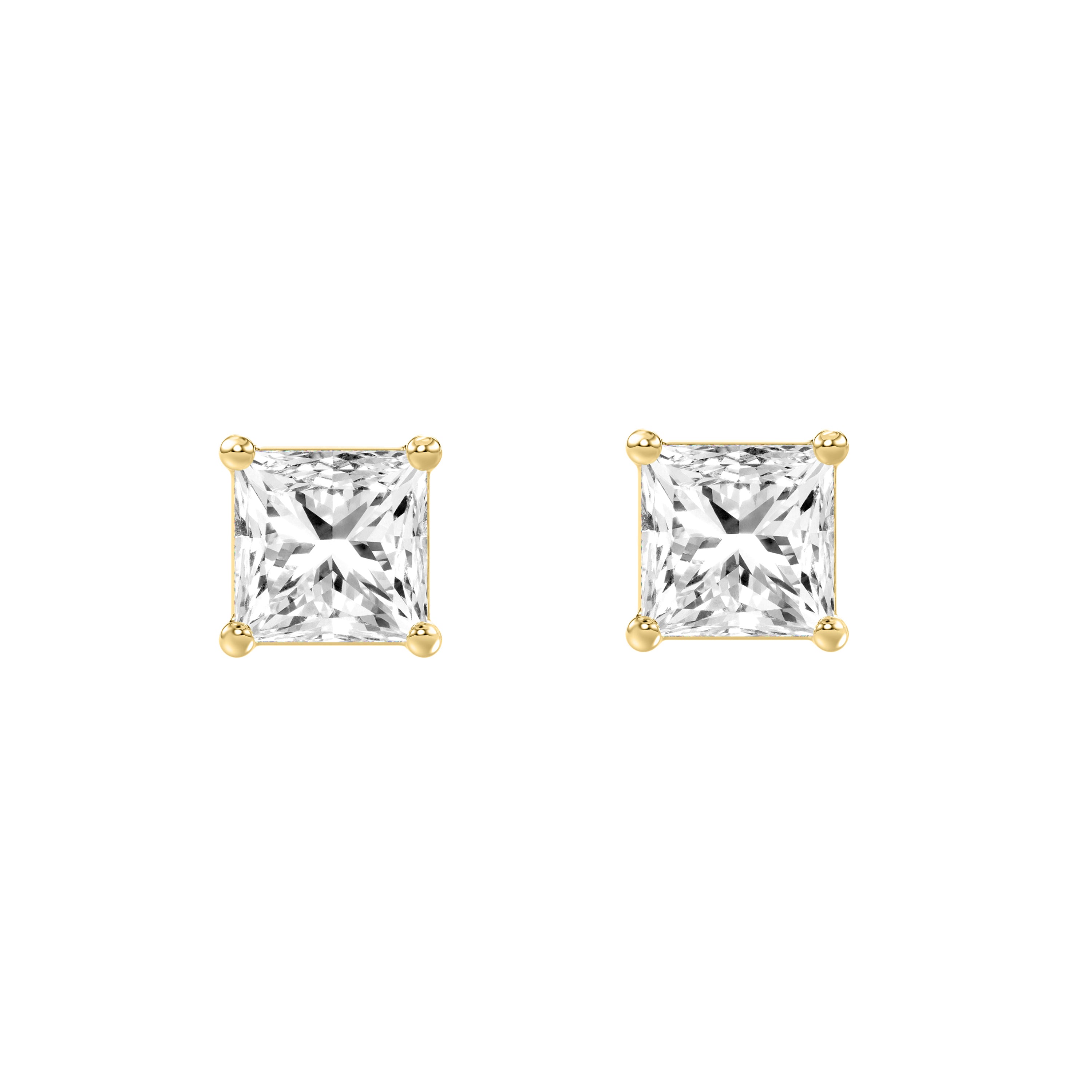 1.5 Carat Princess Lab Grown Diamond Stud Earrings Yellow Gold angle view