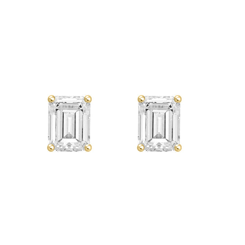 1 Carat Emerald Cut Lab Grown Diamond Stud Earrings Yellow Gold angle view