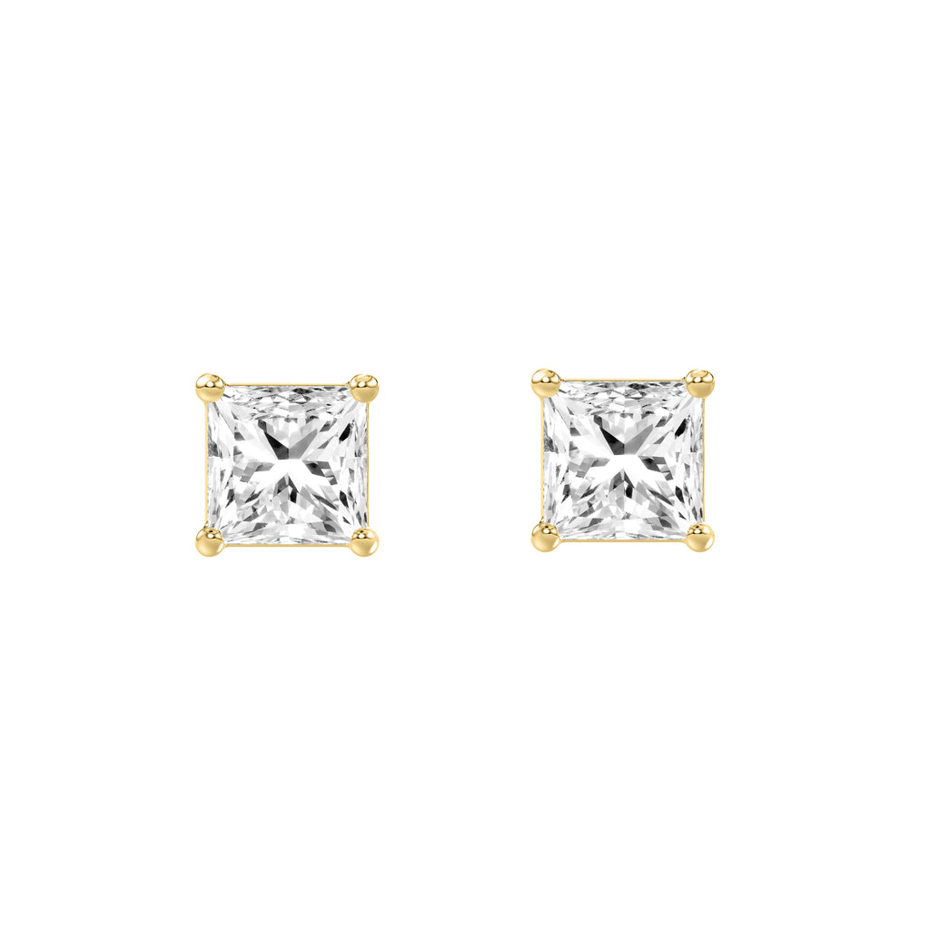 1 Carat Princess Lab Grown Diamond Stud Earrings Yellow Gold angle view