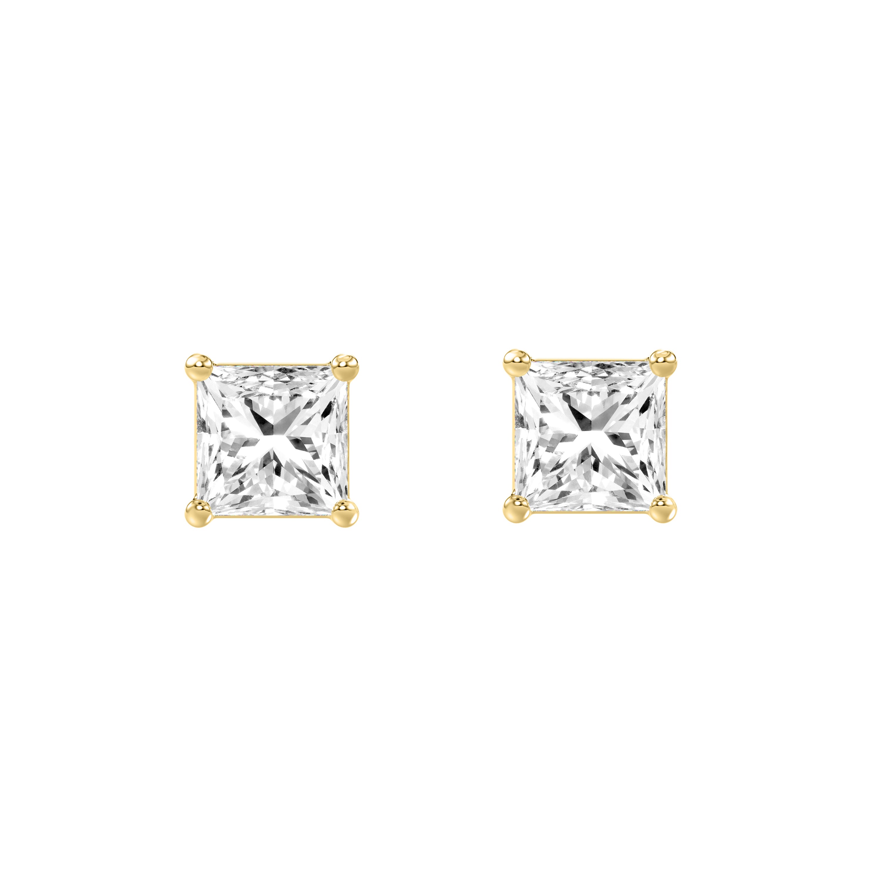 1 Carat Princess Lab Grown Diamond Stud Earrings Yellow Gold angle view