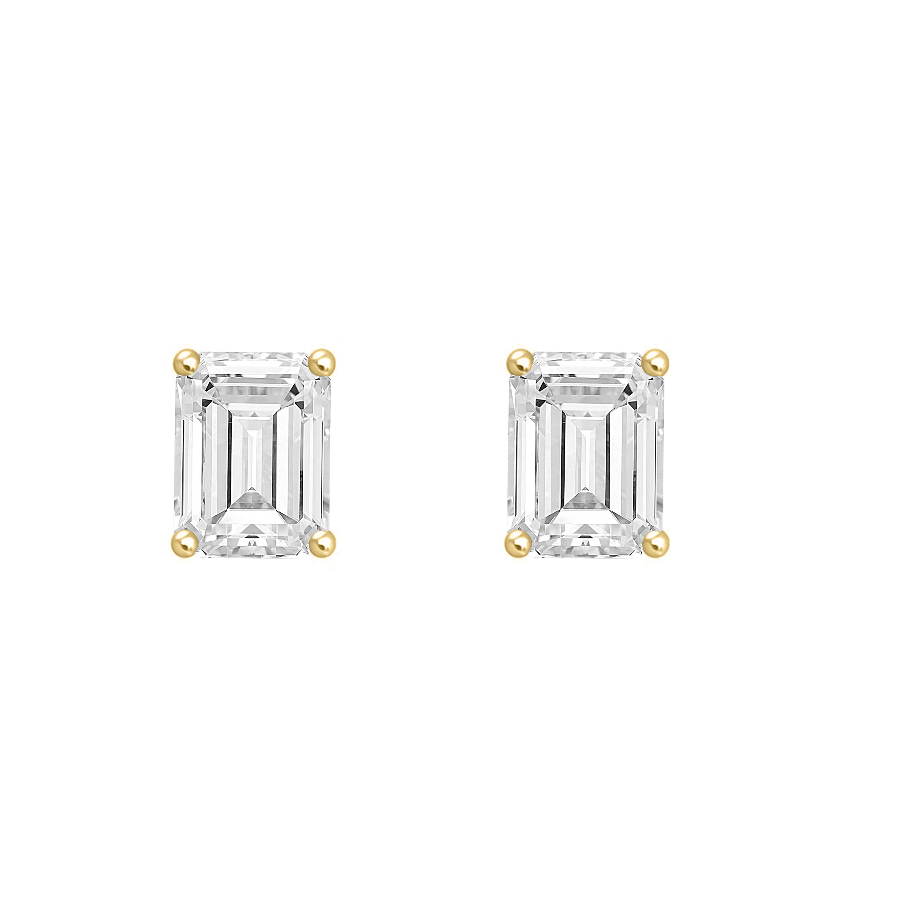 3 Carat Emerald Cut Lab Grown Diamond Stud Earrings Yellow Gold angle view