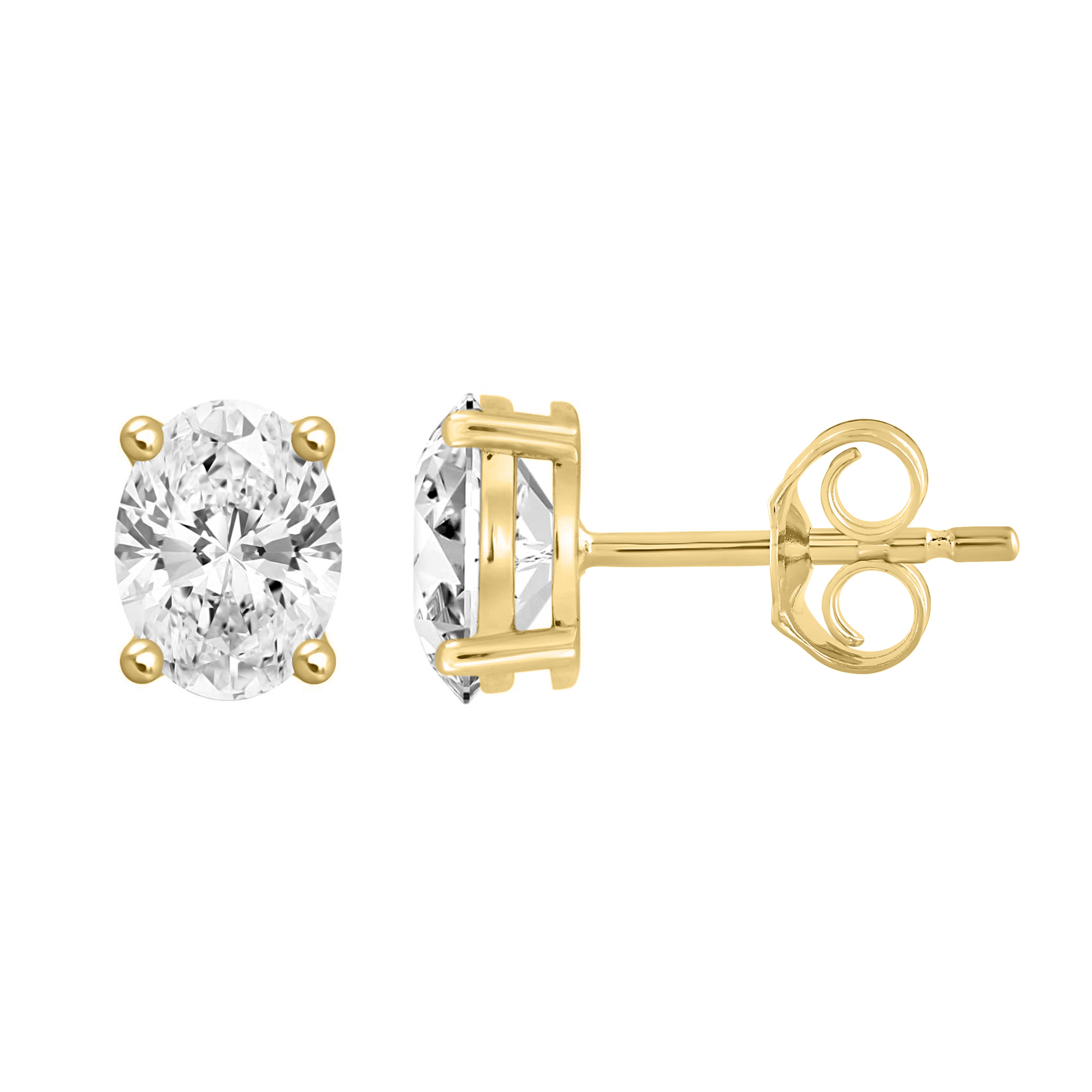 2 Carat Oval Lab Grown Diamond Stud Earrings Yellow Gold down view