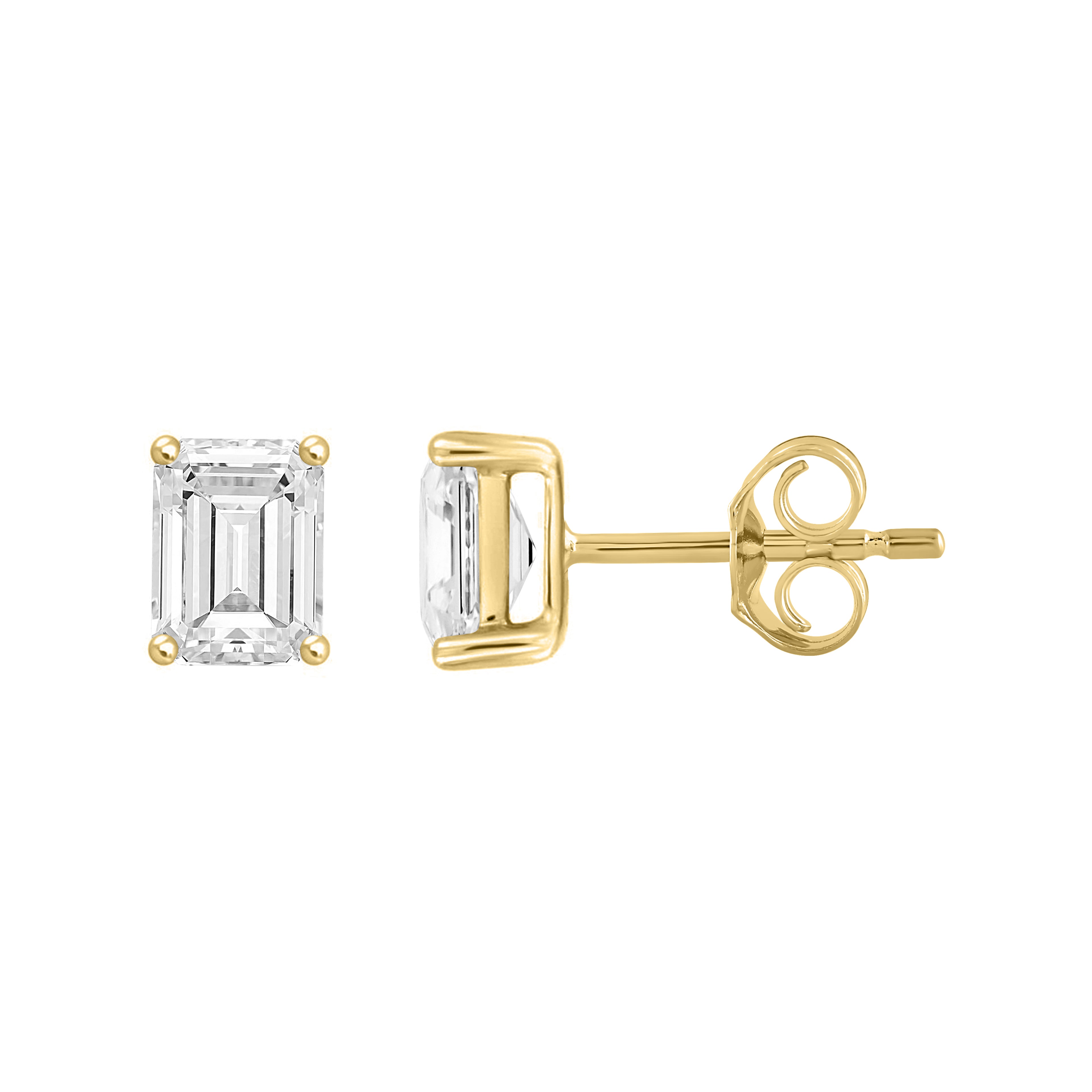 1 Carat Emerald Cut Lab Grown Diamond Stud Earrings Yellow Gold down view