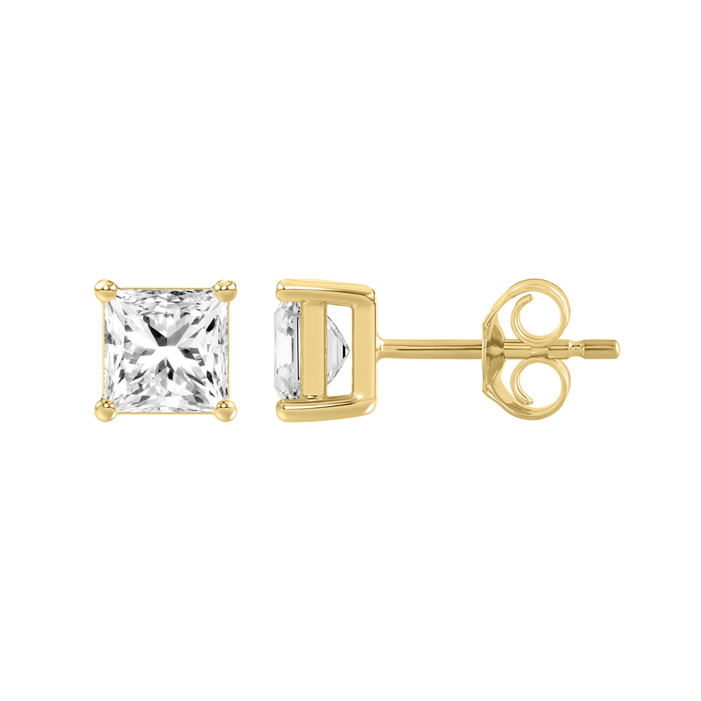 1.5 Carat Princess Lab Grown Diamond Stud Earrings Yellow Gold down view