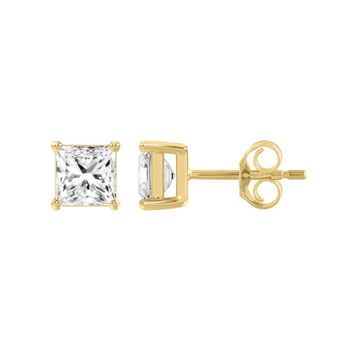 1 Carat Princess Lab Grown Diamond Stud Earrings Yellow Gold down view
