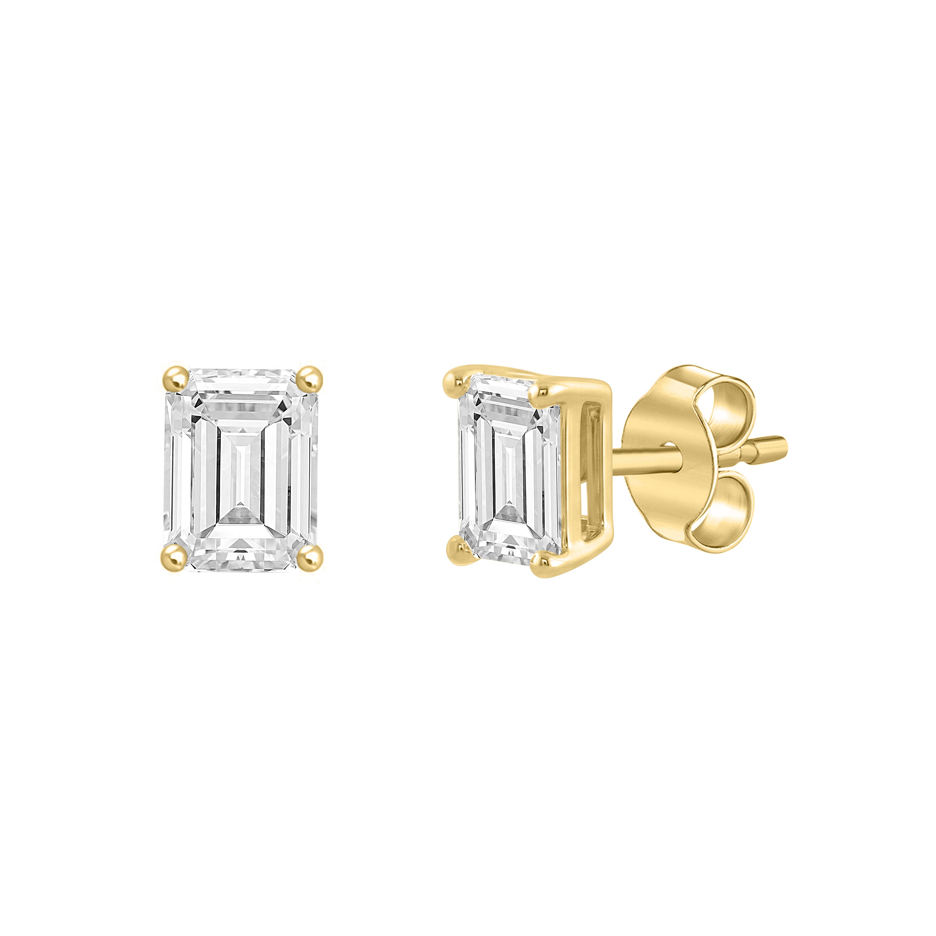2 Carat Emerald Cut Lab Grown Diamond Stud Earrings Yellow Gold flat view