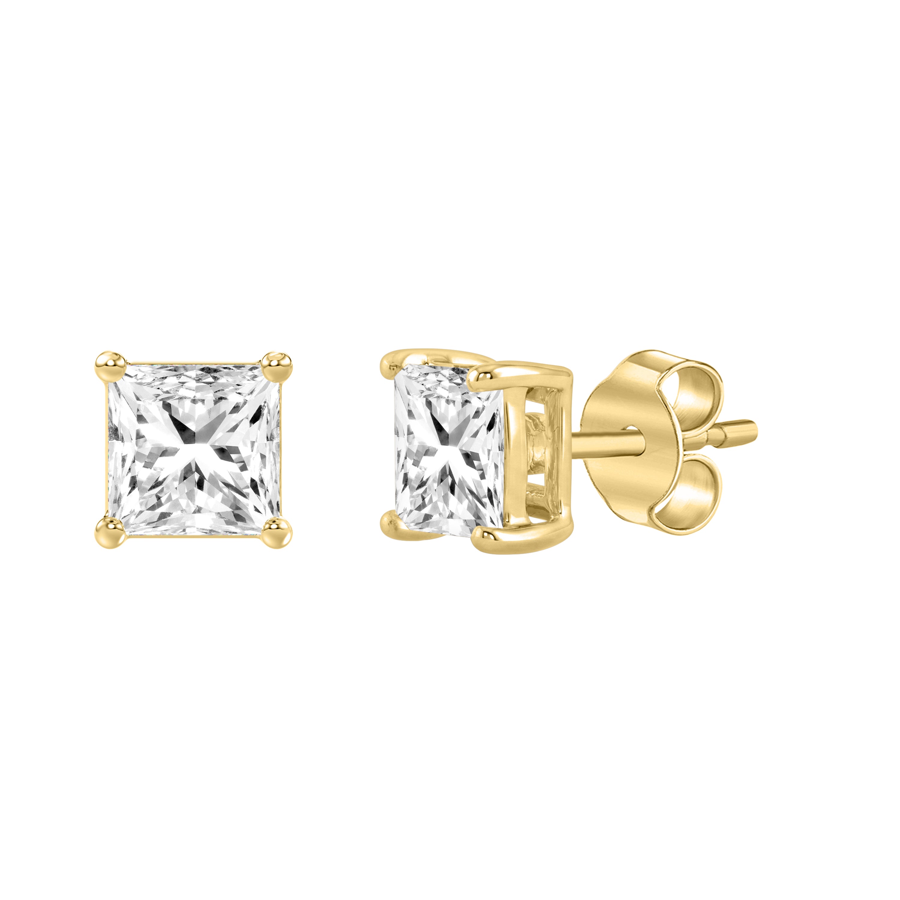 3 Carat Princess Lab Grown Diamond Stud Earrings Yellow Gold flat view
