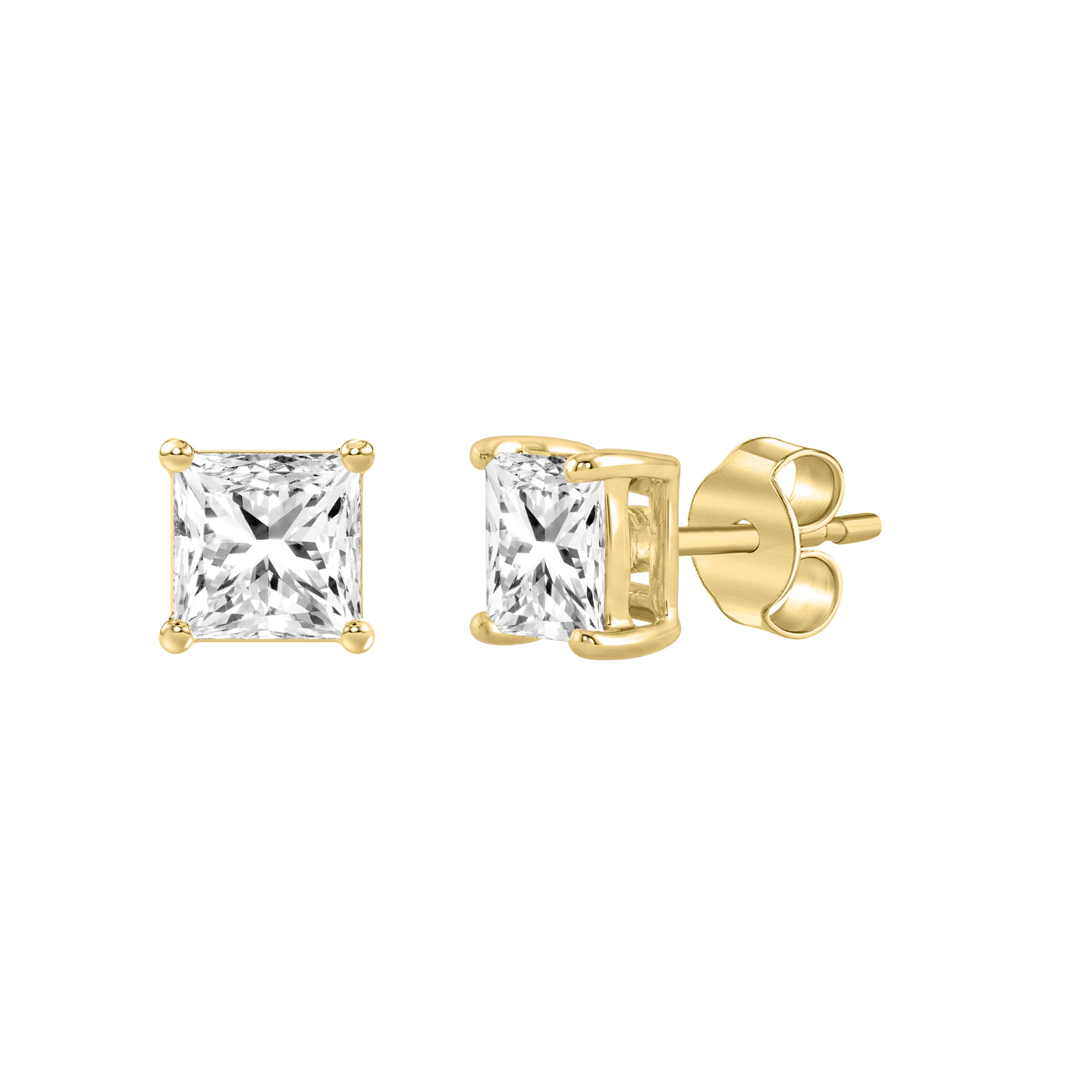 1 Carat Princess Lab Grown Diamond Stud Earrings Yellow Gold flat view