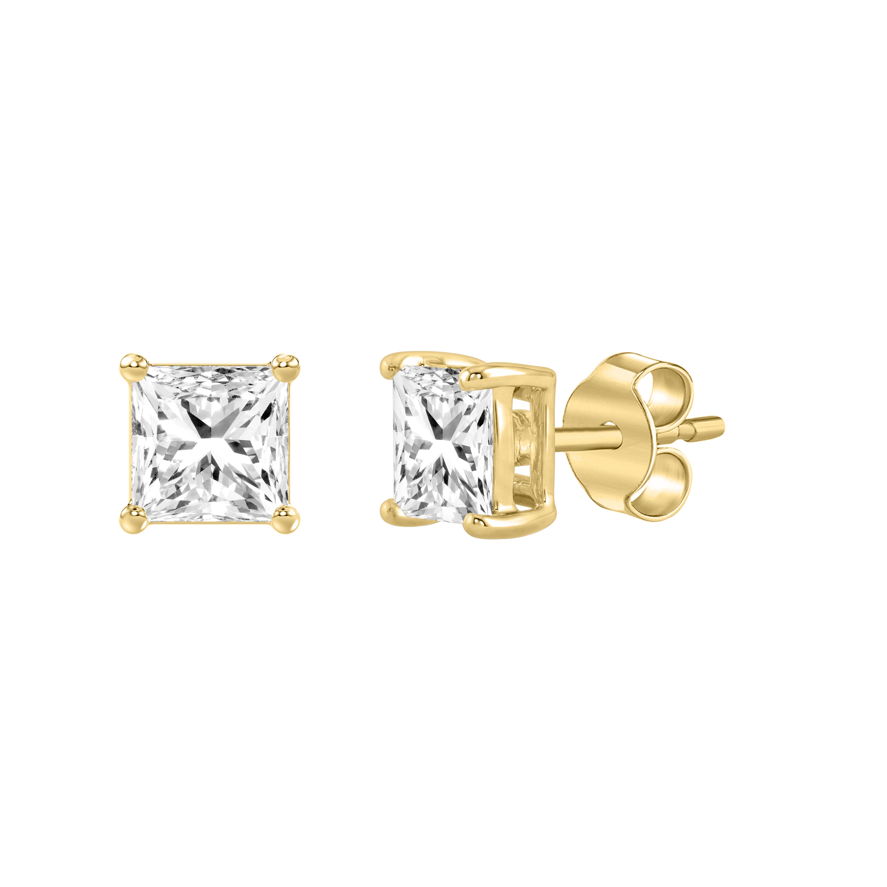 1.5 Carat Princess Lab Grown Diamond Stud Earrings Yellow Gold flat view