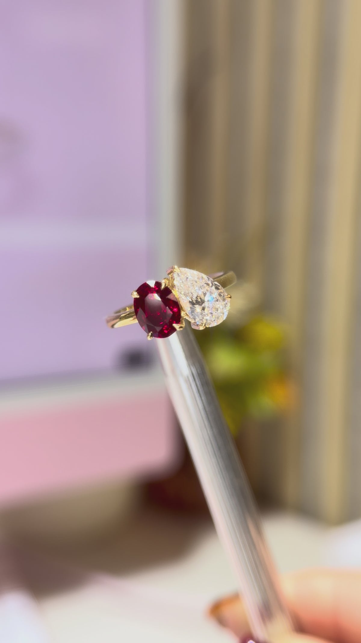 Video of The Scarlet Ring lab diamond and ruby toi et moi ring in 9k yellow gold