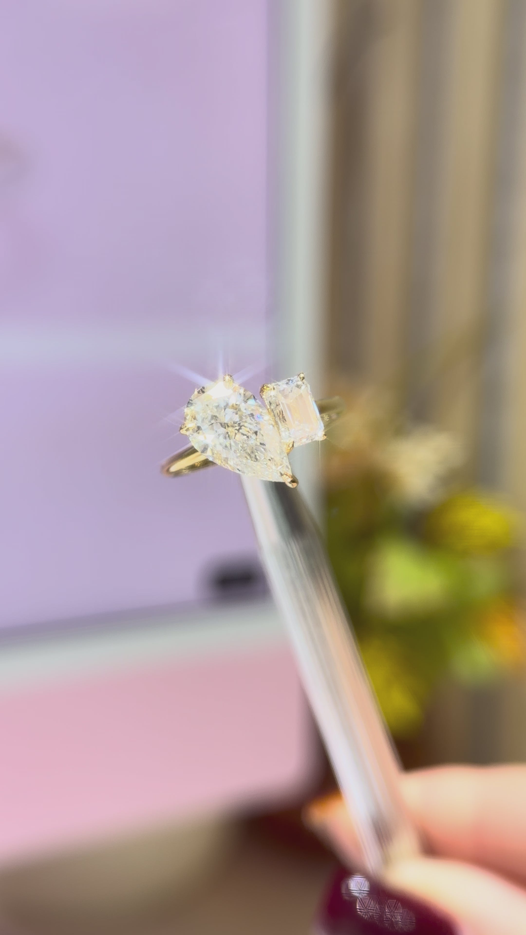 Video of The Cleo Ring pear and emerald cut lab diamond toi et moi ring in 9k yellow gold